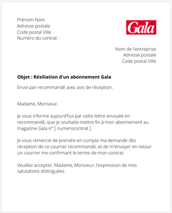 la lettre pour resilier un abonnement gala